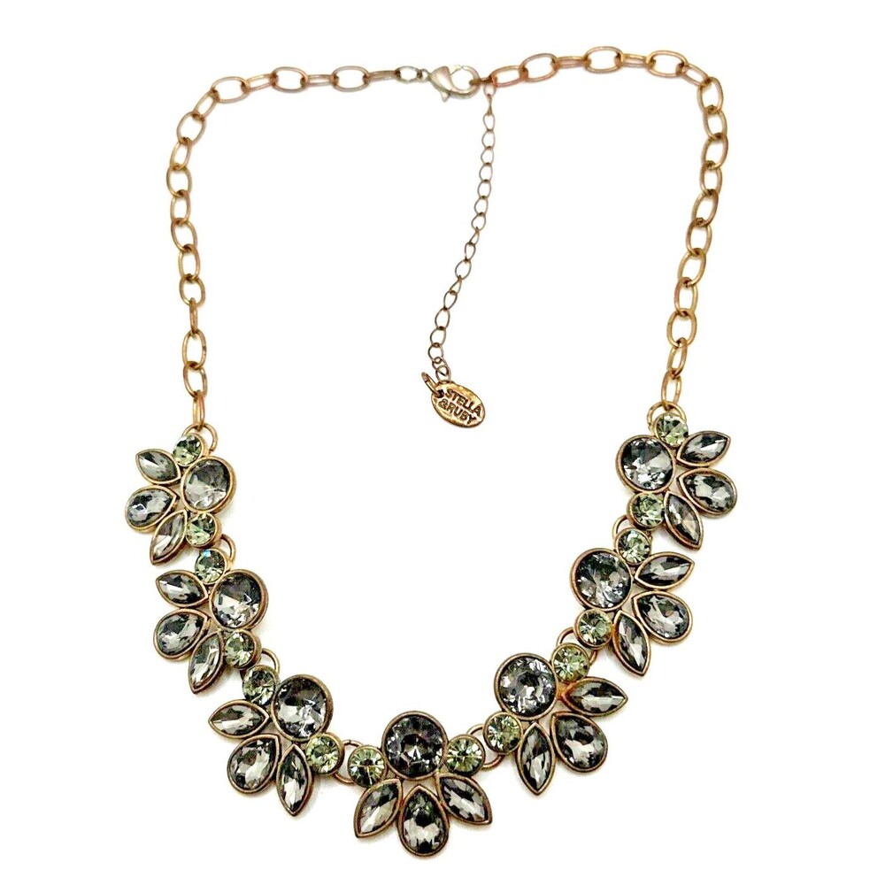 STELLA & RUBY Rhinestone Bib Necklace Smoky Gray Facet Floral Statement 18"-21"
